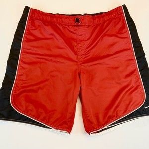 Nike Swim Trunks Board Shorts Vintage Swoosh Red Black 2XL Lined EUC Silver Tag